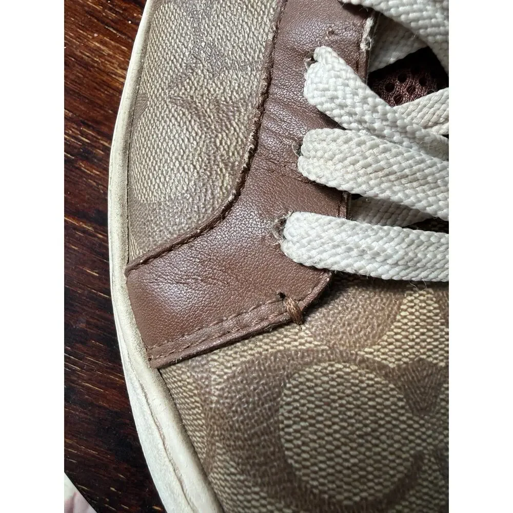 Coach Women's Clip Signature High Top Sneaker Size 7D Color Khaki/Saddle Logo